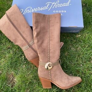 Universal Thread Taupe Suede Mid-Calf Heeled Boots with Gold Accent